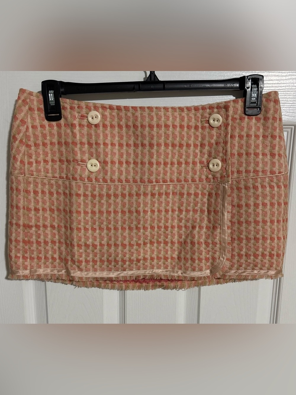 Y2K Vintage Abercrombie & Fitch Pink Tweed Wool Blend Mini Skirt Fringed Size 8